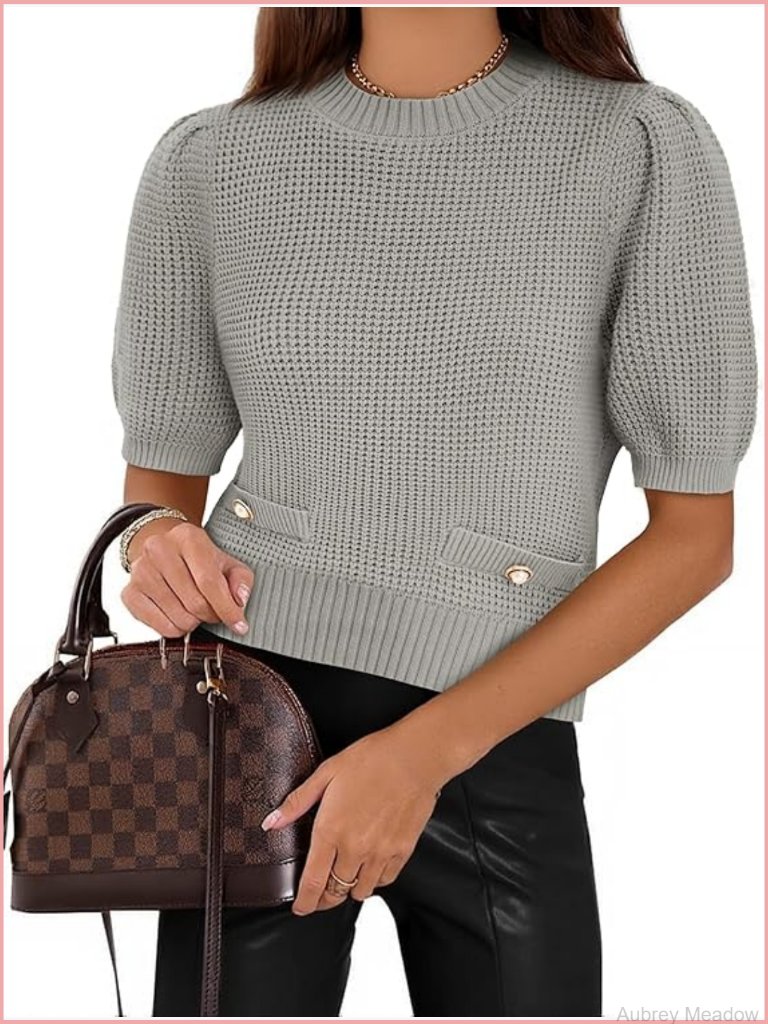 Puff Short Sleeve Sweater Cropped Ribbed Knit Lightweight Pullover Crewneck